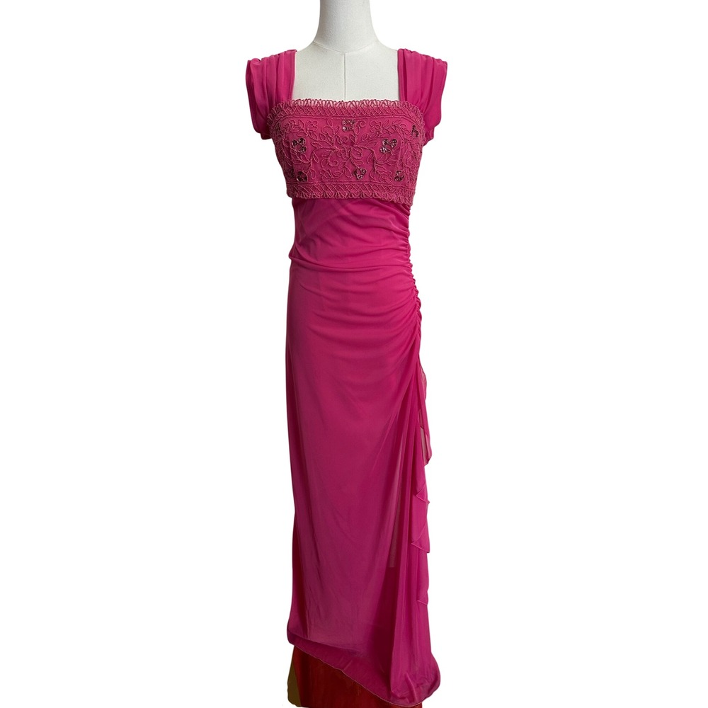 Vintage 70s Jody California Hot Pink Embroidered Off Shoulder Maxi Dress S USA